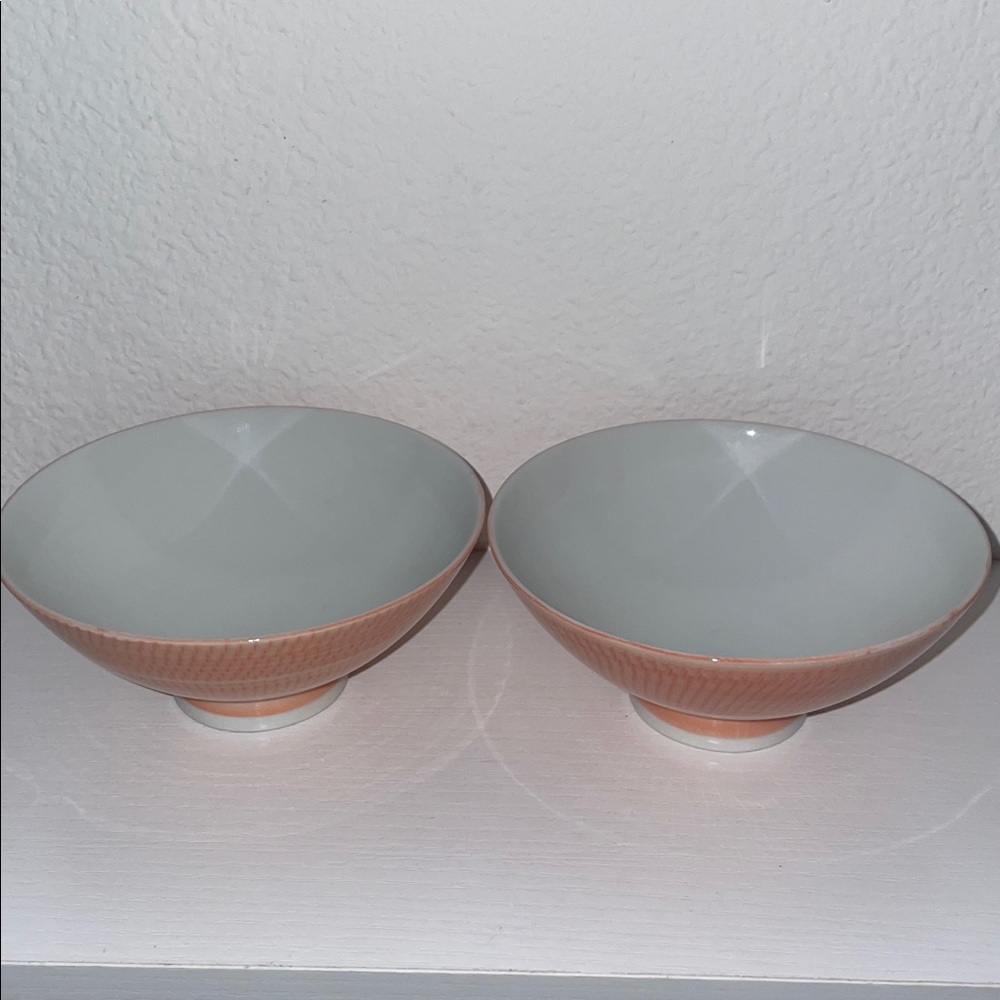 Set of 2 Elegant White and Salmon Striped Porcelain Bowls.